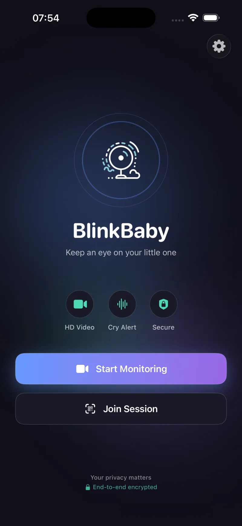 BlinkBaby babyvakt-app startskärm
