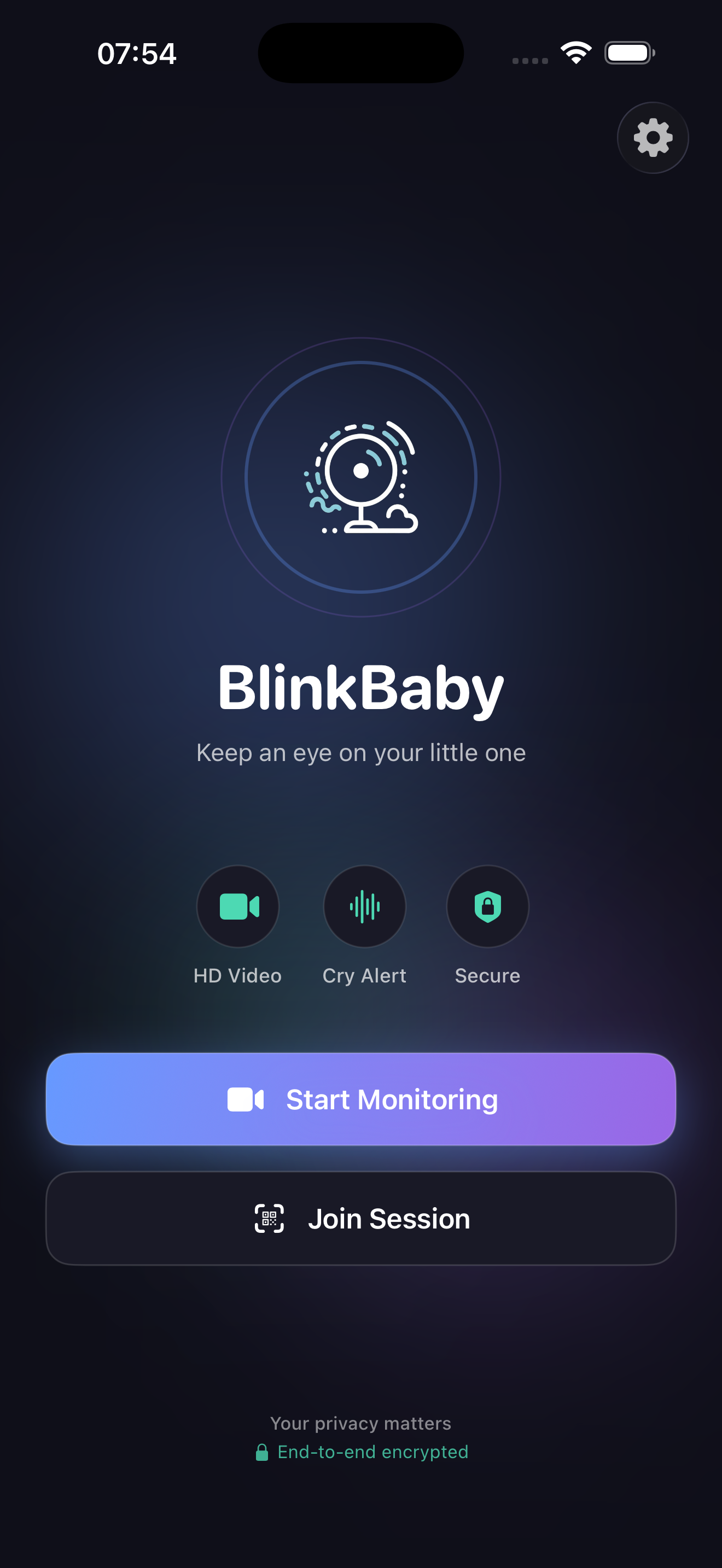 BlinkBaby baby monitor app home screen on iPhone showing monitoring options